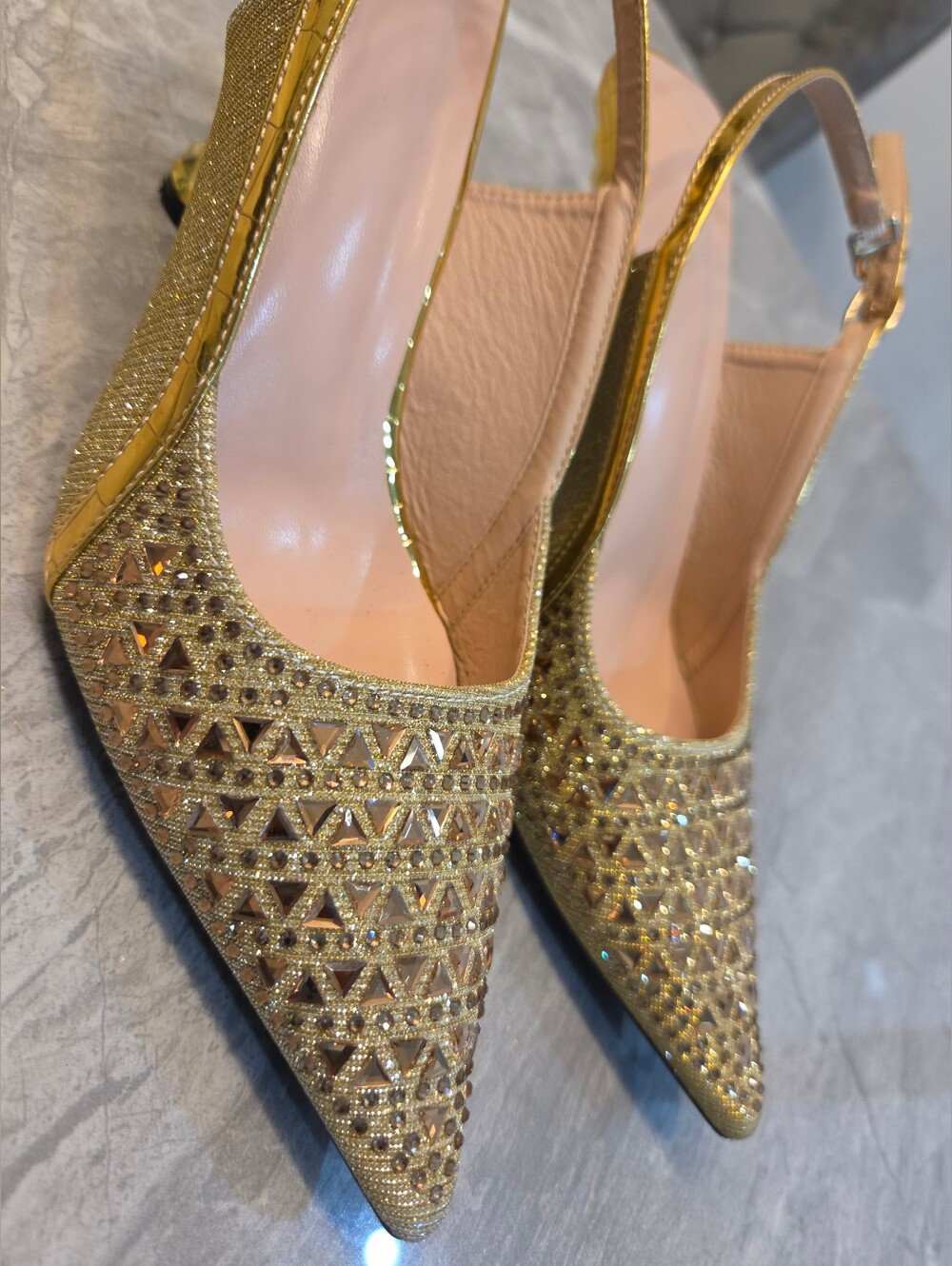 Gold Rhinestone Pointed-Toe Slingback Heels